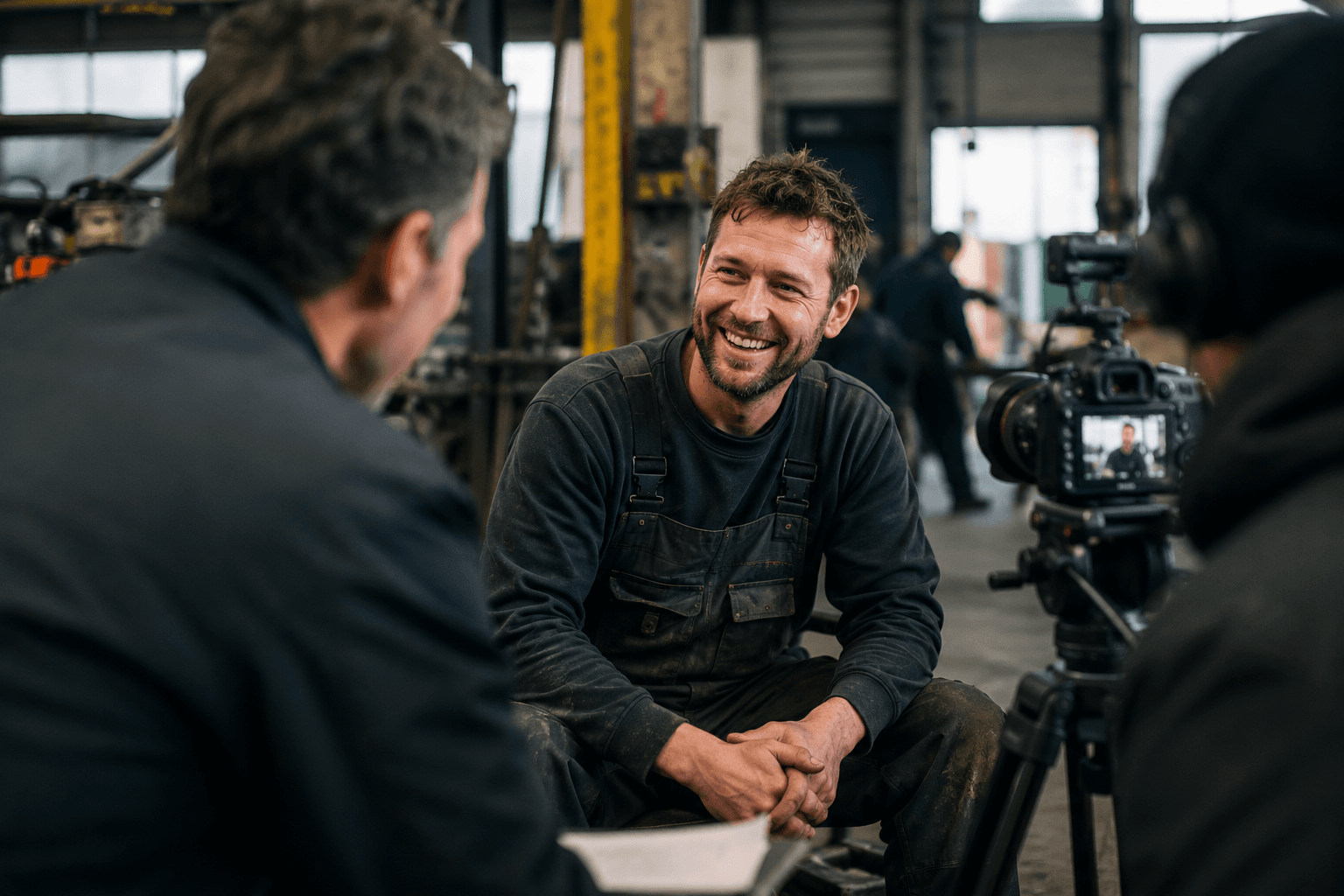 Monteur wordt geïnterviewd op de werkvloer, glimlachend, terwijl een cameraploeg het gesprek vastlegt — een écht verhaal, geen AI-content.