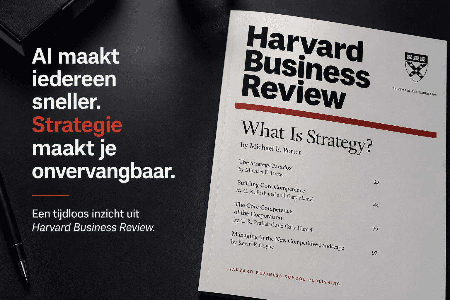 Exemplaar van Harvard Business Review (november-december 1996) met het artikel 'What Is Strategy?' van Michael Porter, naast de tekst 'AI maakt iedereen sneller. Strategie maakt je onvervangbaar.'