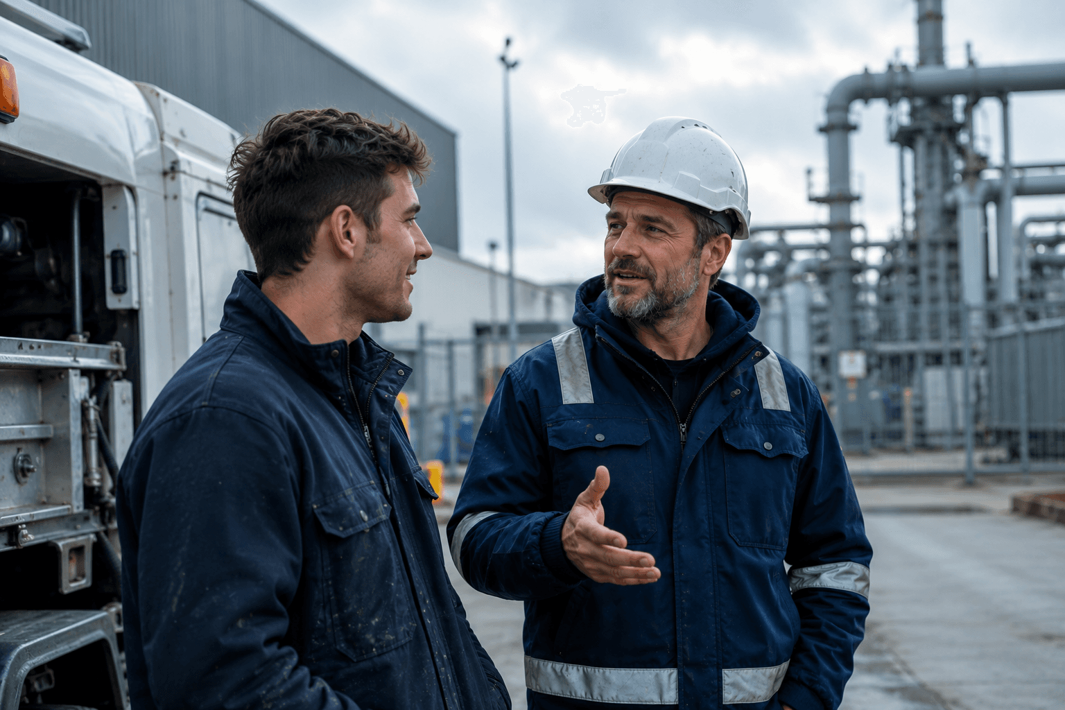 Servicemonteur in gesprek met manager voor een technische installatie — vakmanschap zichtbaar in het veld.