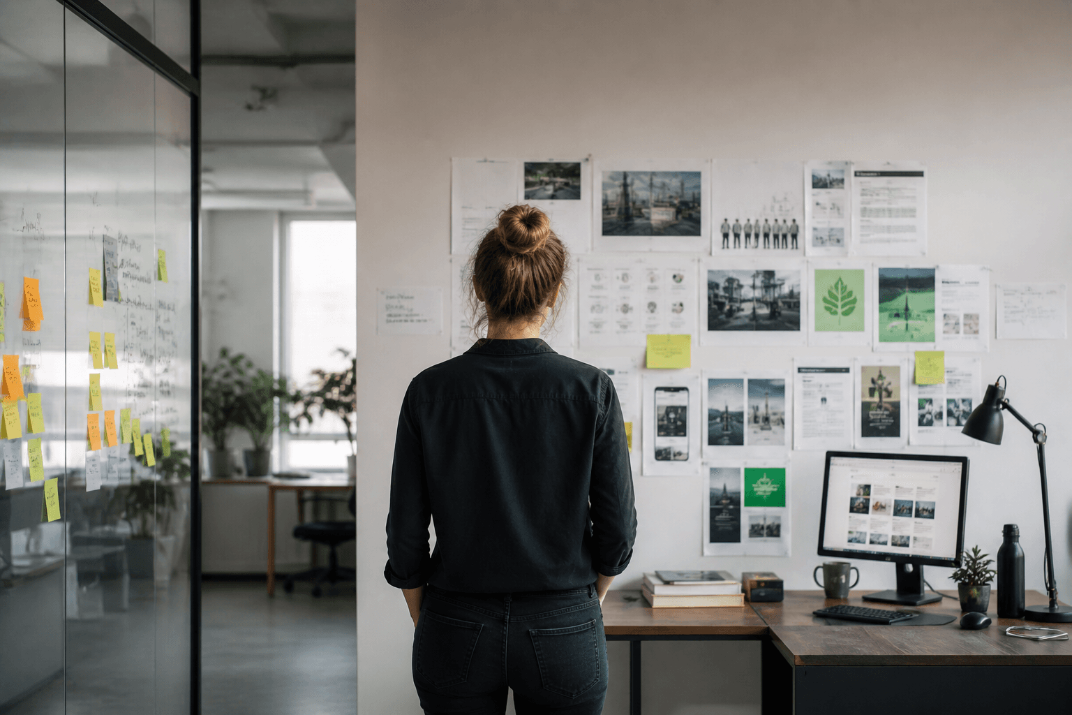 Strategic workspace with moodboard, post-its and laptop — modern creative operator setup.