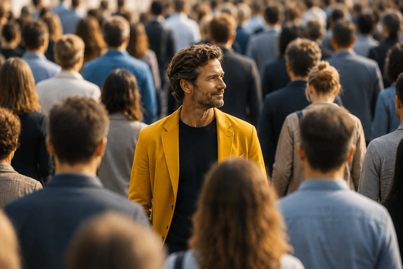 A man in a yellow blazer standing out in a grey, hurried crowd — the one silhouette you keep seeing.
