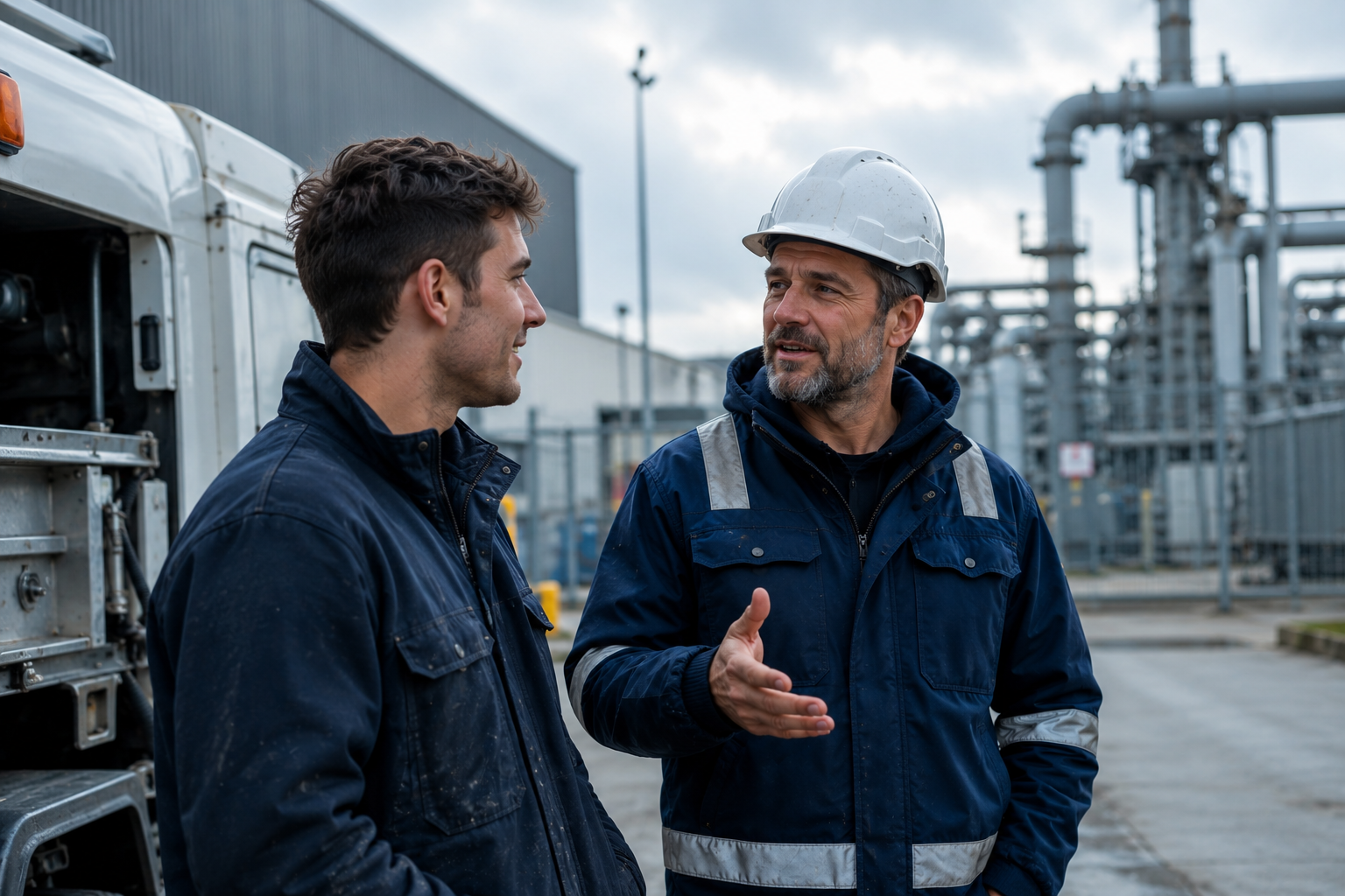 Servicemonteur in gesprek met manager voor een technische installatie — vakmanschap zichtbaar in het veld.