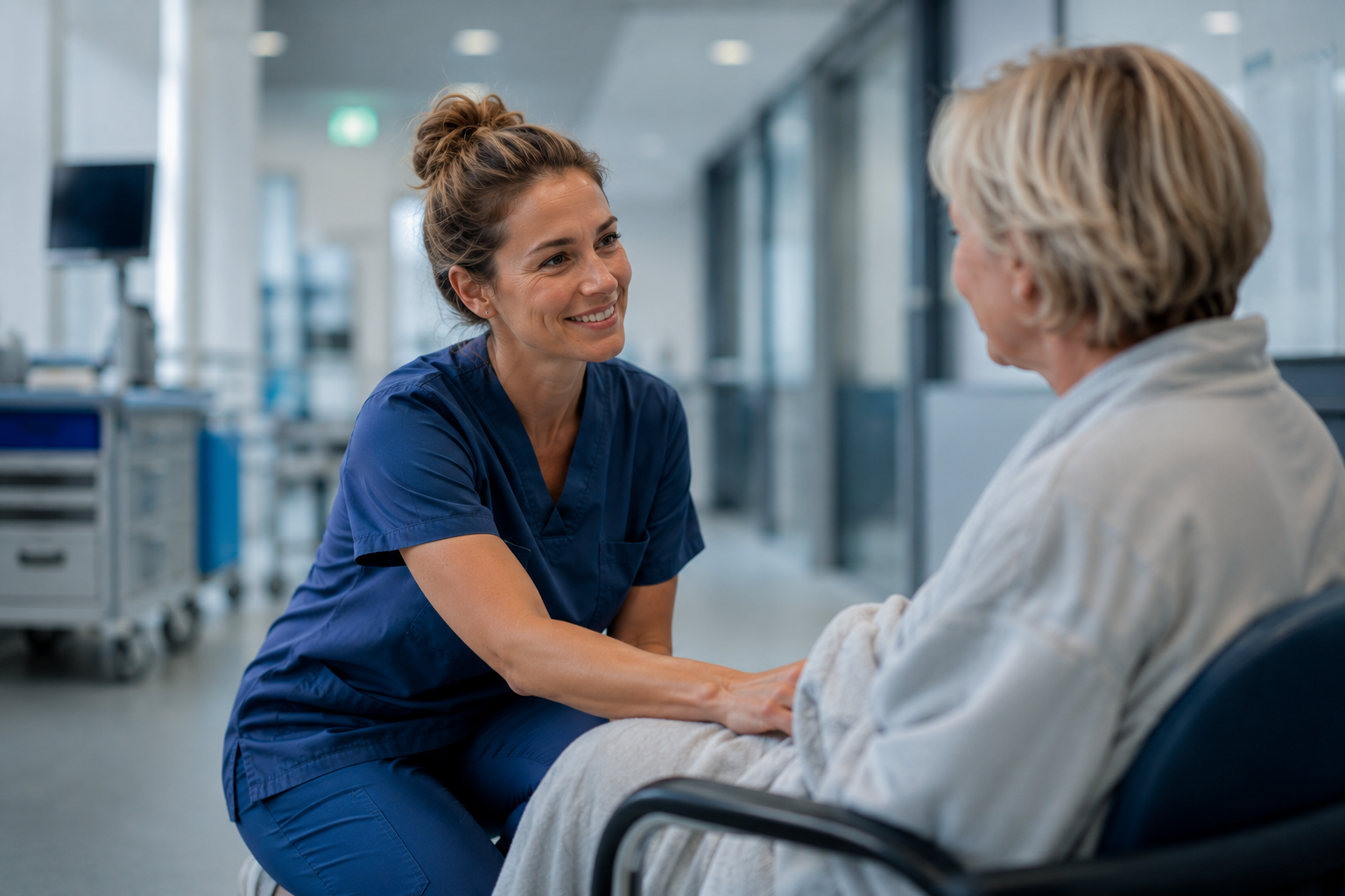 Nurse in conversation with a patient in a hospital room — a moment of human attention.