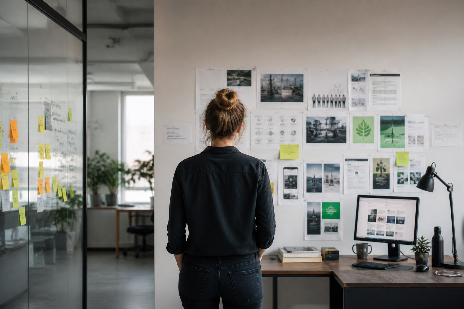 Strategic workspace with moodboard, post-its and laptop — modern creative operator setup.